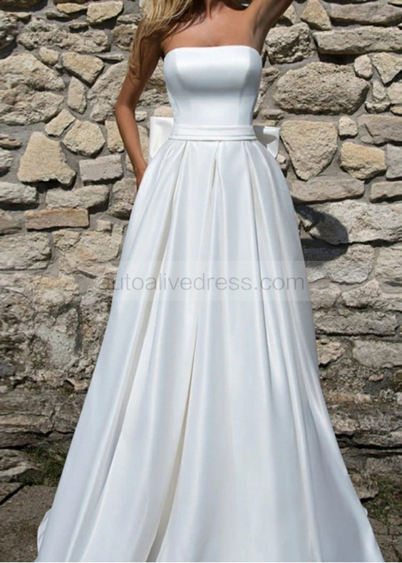 Strapless Satin White Lace Up Wedding Dress